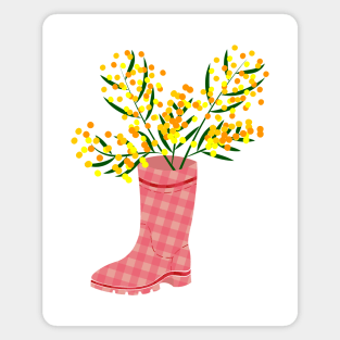 Rubber boots Wellies pink checkered Wellington boots and mimosa flower Magnet